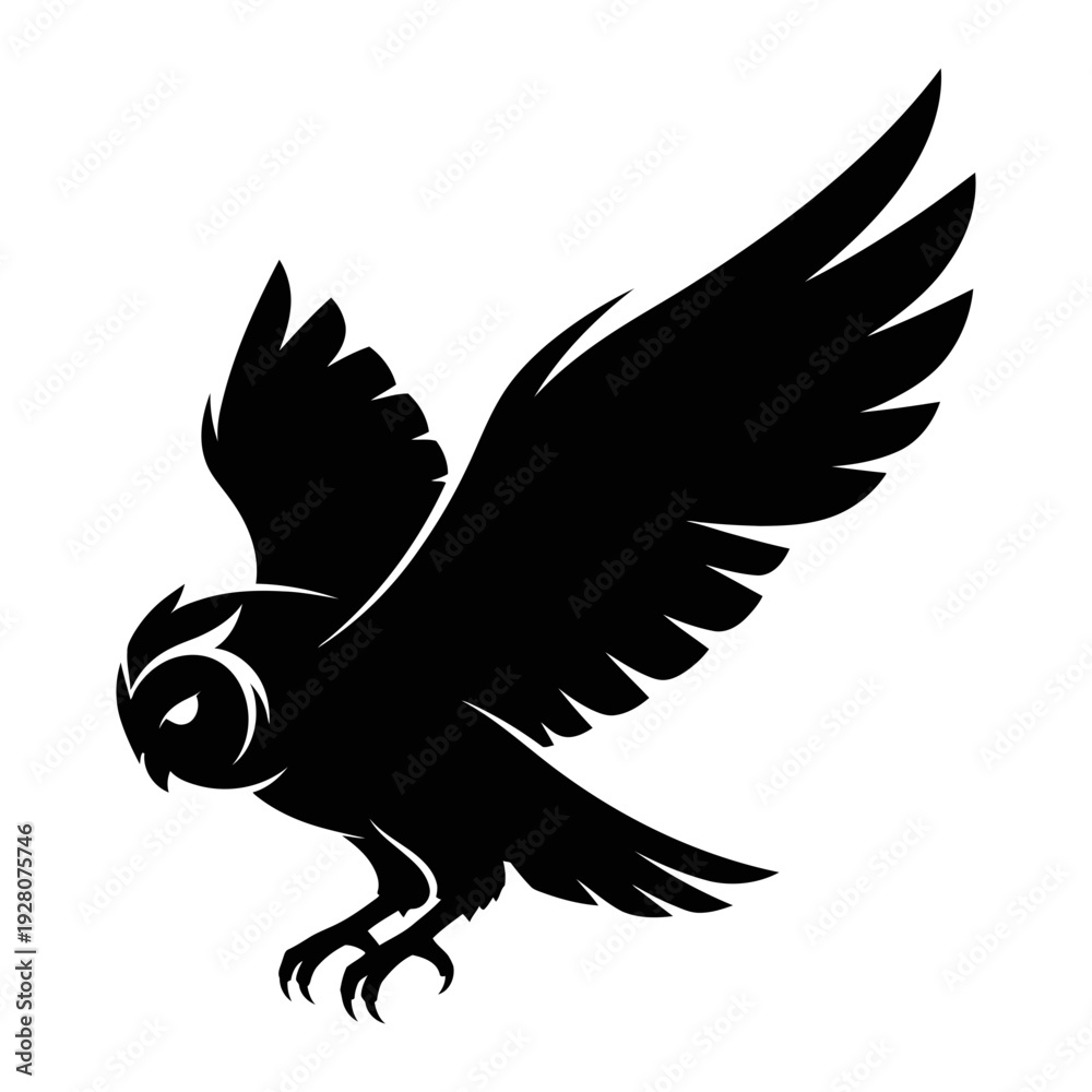 Fototapeta premium A black silhouette of an owl in flight