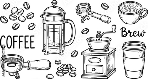 Coffee Brewing Elements Hand Drawn Sketch Collection Including Beans Grinder Press and Cups