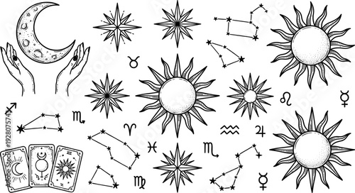 Astrology Celestial Mystic Symbols Collection with Sun Moon Stars Constellations and Tarot Cards