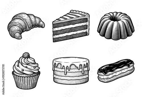 Set of vintage engraved bakery and dessert illustrations featuring cakes, pastries, and sweets in a hand-drawn woodcut style.
