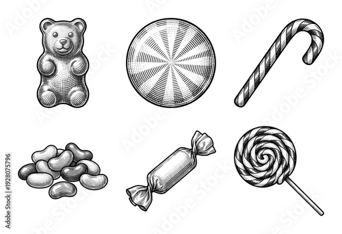 Vintage style engraving collection of various sweets including gummy bear, candy cane, lollipop, and wrapped treats in black and white line art