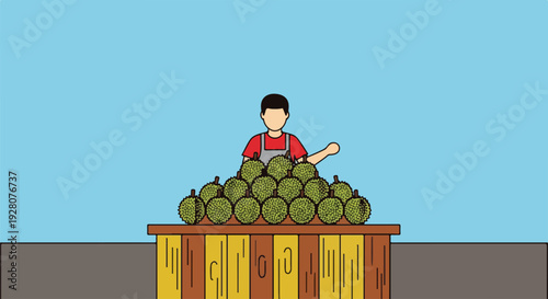 Street Vendor Selling Fresh Tropical Durian Fruit at an Outdoor Market Stall, Abundant Pile of Exotic Produce for Sale, Flat Vector Illustration.