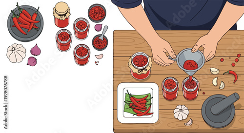 Homemade spicy chili paste. Illustration of a person filling jars with fresh sambal, with red chilies, garlic, and shallots. Asian cooking process.