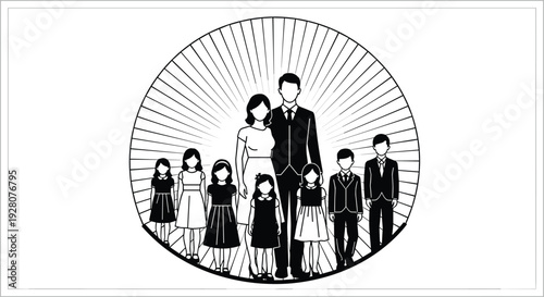 Large Family Portrait Silhouette, Parents With Many Children, Big Household Group, Genealogy Heritage Graphic, Extended Family Icon, Community Sunburst Illustration Collection,