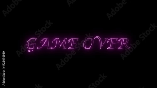 Lightning neon game over text animation on black background. Neon light path effect