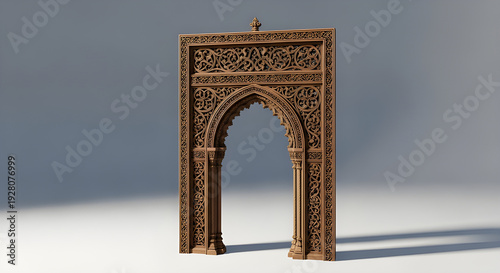 Intricate wooden archway with Moroccan geometric patterns, perfect for luxury interior design or cultural projects.