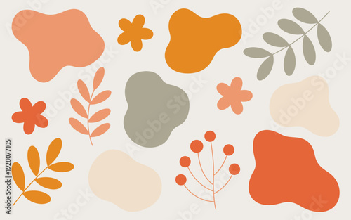 Abstract organic shapes and botanical in warm autumn colors