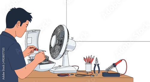 Man repairing an electric fan with tools on a table, close-up illustration of electronics repair and maintenance