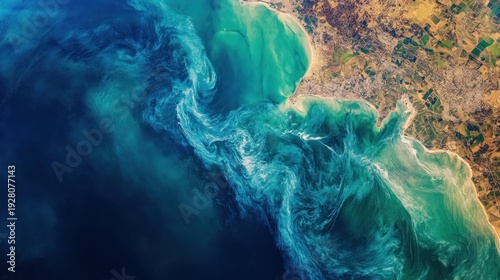 Coastal pollution, vibrant hues, swirling patterns, and environmental impact.  Aerial view of a polluted bay