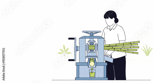 Farmer operating a sugarcane press machine to extract juice, illustrating agricultural industry and food production process