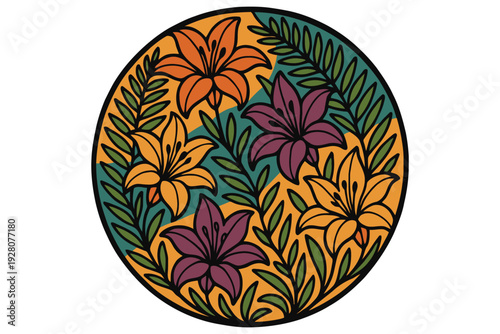 Vibrant floral pattern with stylized orange and purple blooms in a circular design
