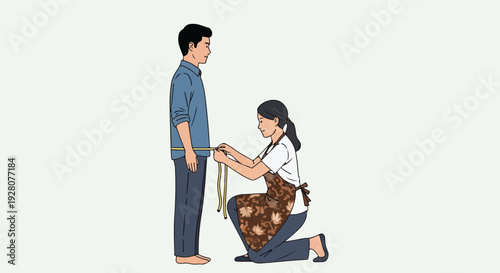 Tailor measuring a man's waist with a tape measure for custom clothing, fashion design, and tailoring services