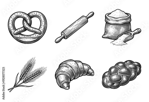 Vintage engraving style bakery and bread collection featuring pretzel, rolling pin, flour sack, wheat stalks, croissant, and braided loaf