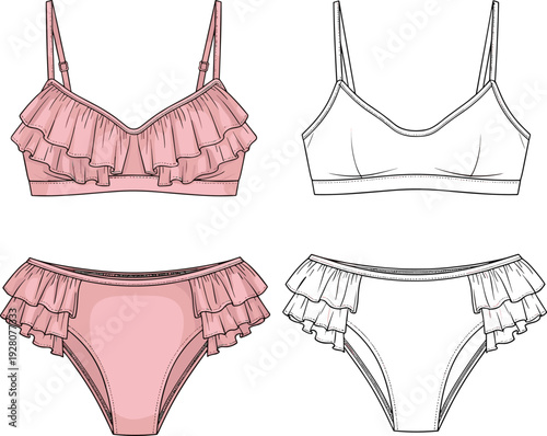 Women ruffle bikini set technical fashion drawing, pink two piece swimsuit vector illustration isolated on white background