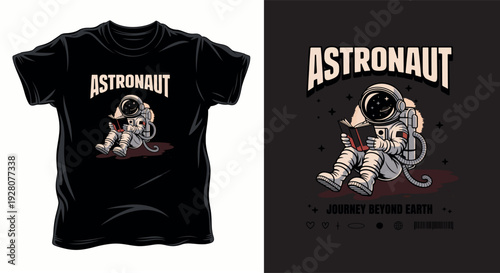 Astronaut sitting and reading a book in space, with stars and planets background t-shirt design print illustration