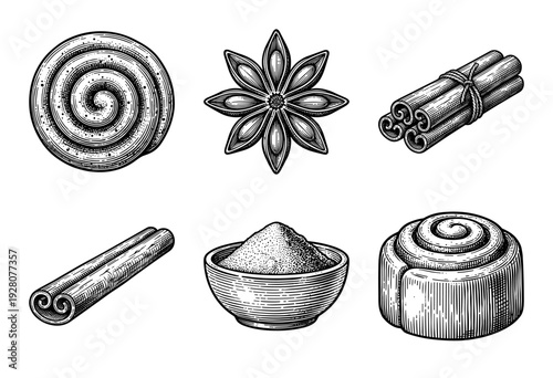 Vintage engraving style collection of cinnamon sticks star anise powder bowl and cinnamon rolls isolated on white