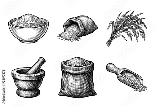 Set of vintage rice agriculture illustrations including stalks, sacks, a wooden scoop, bowl, and stone mortar with pestle in a woodcut engraving style.