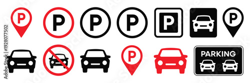 Parking icons and symbols for maps, parking and no parking sign collection, vehicle parking location marker, traffic regulation and road safety illustrations, editable vector set, flat and line style,