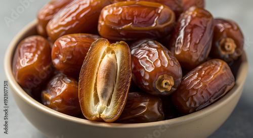 Close-up shot of delicious Medjool dates, one split open to show its caramel-like flesh and prominent seed.