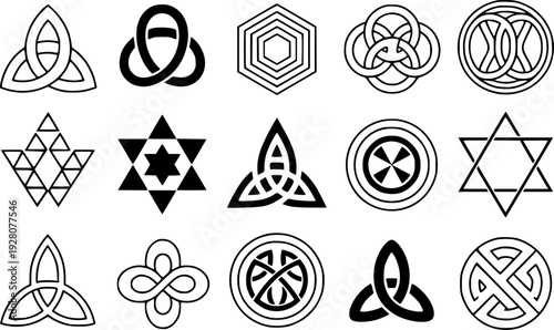 Collection of Celtic Knots Triquetras Hexagons Stars and Geometric Symbols White Background