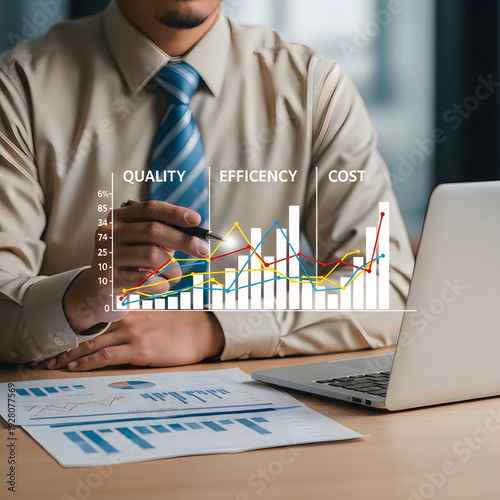 Businessman analyzing data with graphs on laptop in modern office