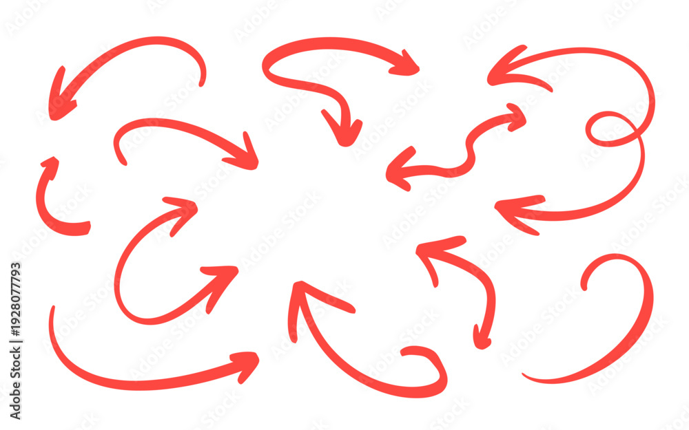 Obraz premium Collection of hand drawn red arrows pointing in various directions white background