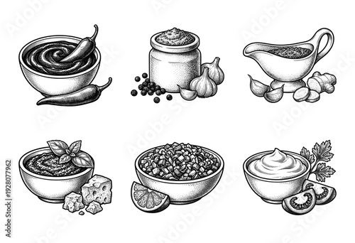 Set of hand drawn engraved illustrations featuring various culinary sauces, dips, and condiments with fresh ingredients like chili, garlic, ginger, and herbs