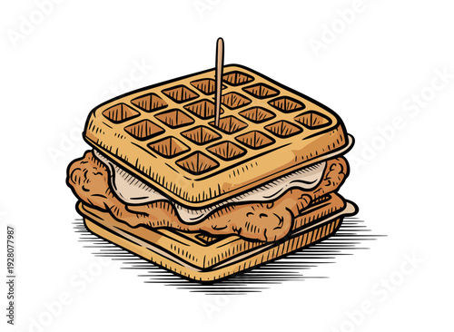 Delicious Chicken and Waffle Sandwich with Creamy Sauce a White Background food meal