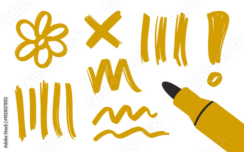 Mustard yellow marker pen abstract shapes and symbols white background