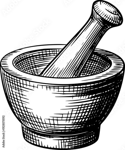 Vintage Mortar and Pestle Engraving Style Black and White kitchen cooking