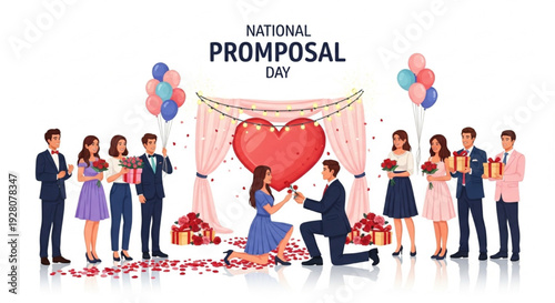 Romantic Festive Promposal Scene Vector Illustration with Cheerful High School Students, Balloons, Flowers, Confetti, and Heart Banner