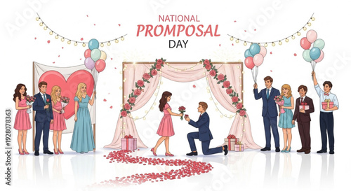 Romantic Festive Promposal Scene Vector Illustration with Cheerful High School Students, Balloons, Flowers, Confetti, and Heart Banner