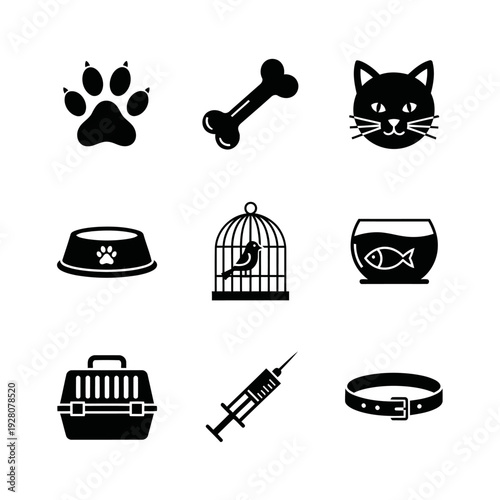 Set of 9 Pet Care Vet Icons, Paw Bone Cat Bowl Cage Carrier Syringe Collar Vector
