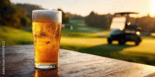 The Beer Glass On A Golf Course At Sunset With Golf Cart In Background