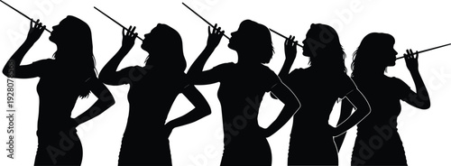 Black silhouettes of five women holding drumsticks white background