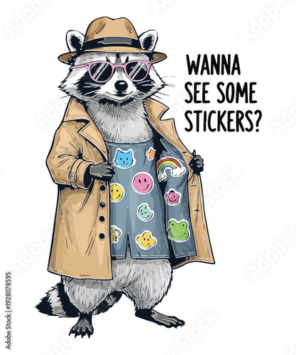 Wanna See Some Stickers T-shirt Design vector, Funny raccoon in Trench Coat,  raccoon, funny animal