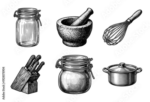Vintage style engraving collection of kitchenware and cooking tools featuring jars mortar and pestle whisk knife block and pot