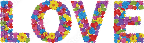 Colorful flowers and hearts spelling love on white background