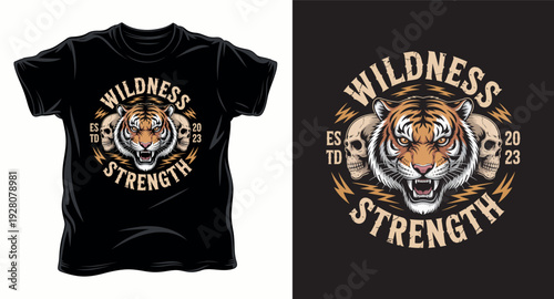 Wildness strength tiger and skulls emblem vector graphic t-shirt design print illustration