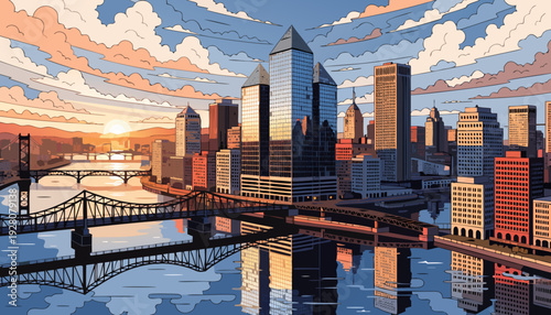 Urban Skyline Panorama at Sunrise Over Water With Bridges Reflecting Tall Modern Architecture Buildings pittsburgh skyline vector