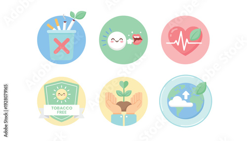 A collection of six flat design icons illustrating health, environmental protection, and tobacco-free living concepts with cute and friendly elements.