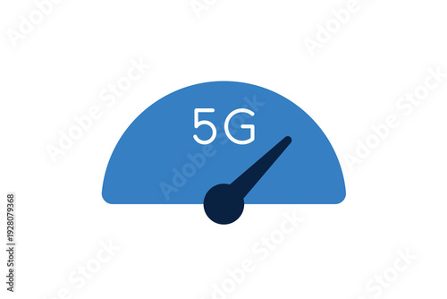 Speedometer gauge with 5G text for internet speed testing and high-performance mobile connection.