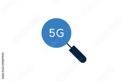 Magnifying glass with 5G text for network search, signal testing and coverage analysis.