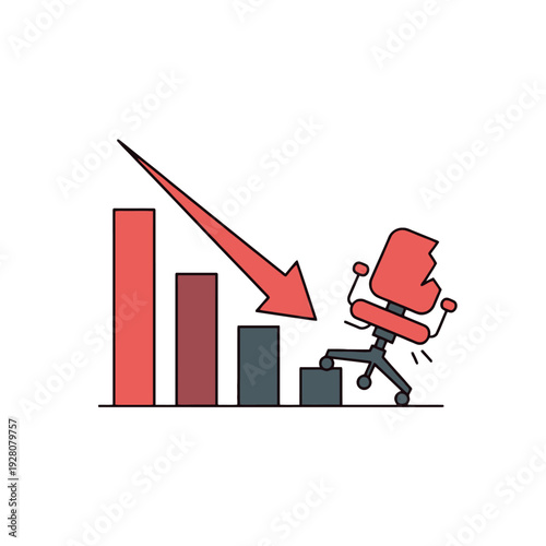 A cartoon office chair runs away from a falling profit chart with a large red downward arrow, symbolizing business failure and financial crisis in a simple graphic illustration.