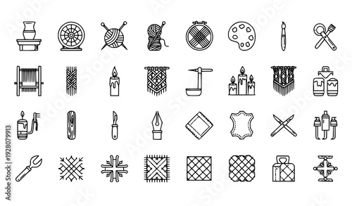 Arts and Crafts Line Icons Set with Handmade DIY Tools and Creative Hobby Symbols