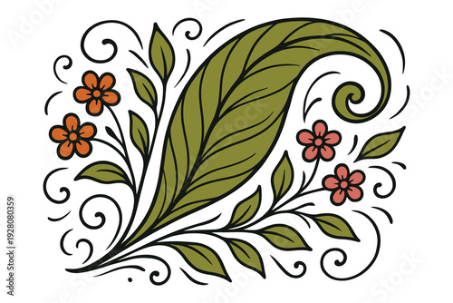 Elegant floral and leaf design with decorative swirls in watercolor style