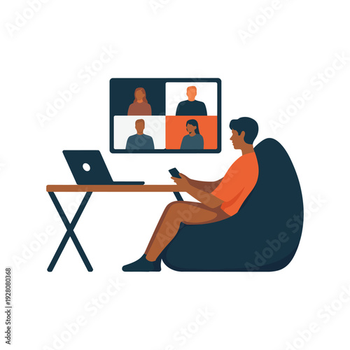 Man on beanbag chair attending video conference on laptop