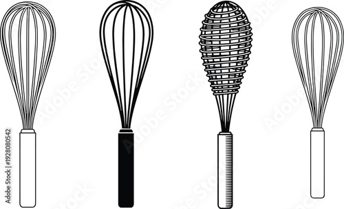 Kitchen whisk vector illustration set, black and white balloon whisk icons, cooking and baking tool graphics isolated on white background, SEO