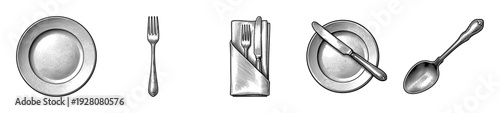 Vintage engraving style collection of dining essentials featuring ceramic plate, silver fork, spoon, and napkin with cutlery set in a hand drawn etching aesthetic.