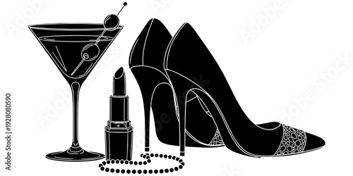 Fashion lifestyle illustration, martini glass cocktail, high heel shoes, lipstick makeup beauty, pearl jewelry glamour, nightlife elegance, flat vector illustration